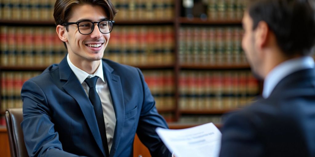 Young solicitor consulting with a client in an office.